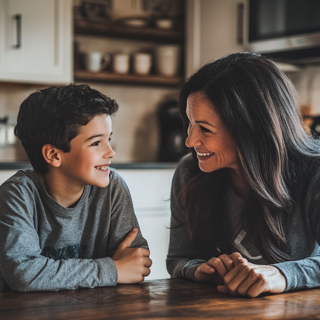 Une femme qui parle à son fils dans sa cuisine | Source : Midjourney