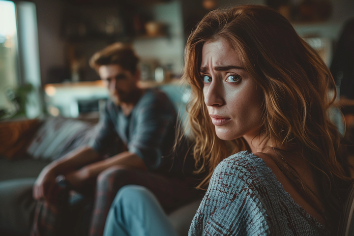 Une femme bouleversée assise avec un homme | Source : Midjourney