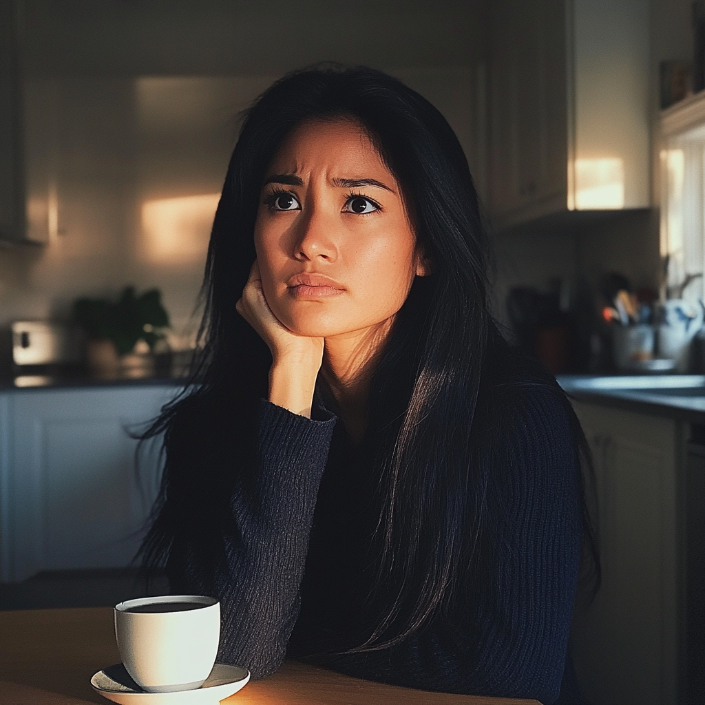 Une femme assise à une table de cuisine | Source : Midjourney
