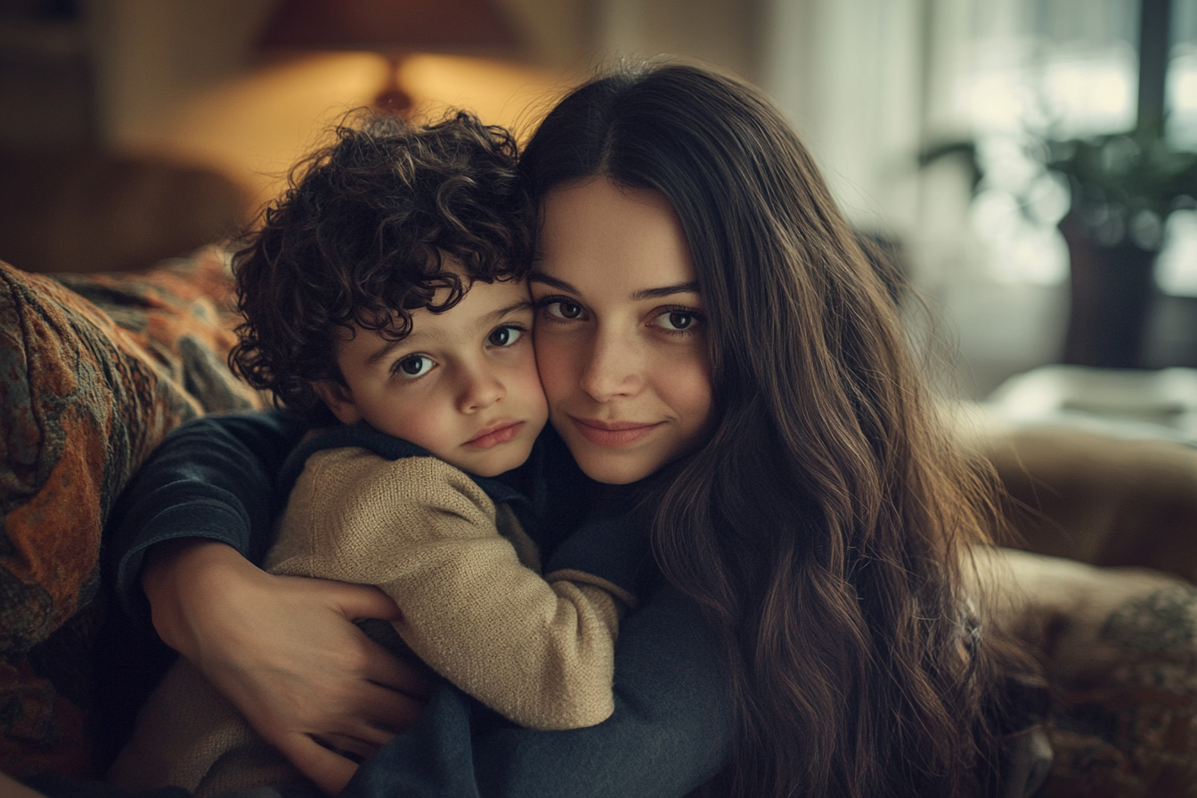 Une femme serrant son fils dans ses bras | Source : Midjourney