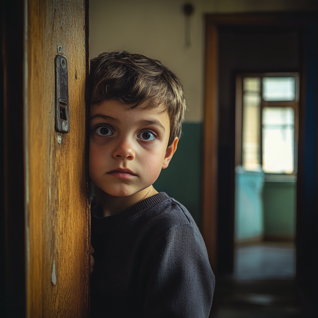 Un jeune garçon en détresse se tenant à la porte d'un petit appartement | Source : Midjourney