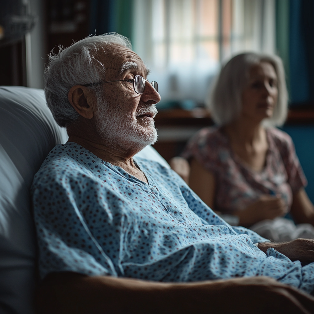 Vieil homme dans un lit d'hôpital parlant à sa femme | Source : Midjourney