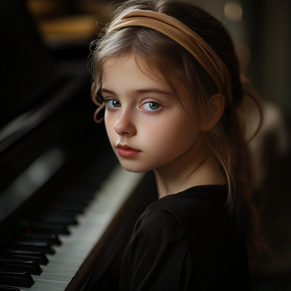 Une fille sérieuse devant son piano | Source : Midjourney