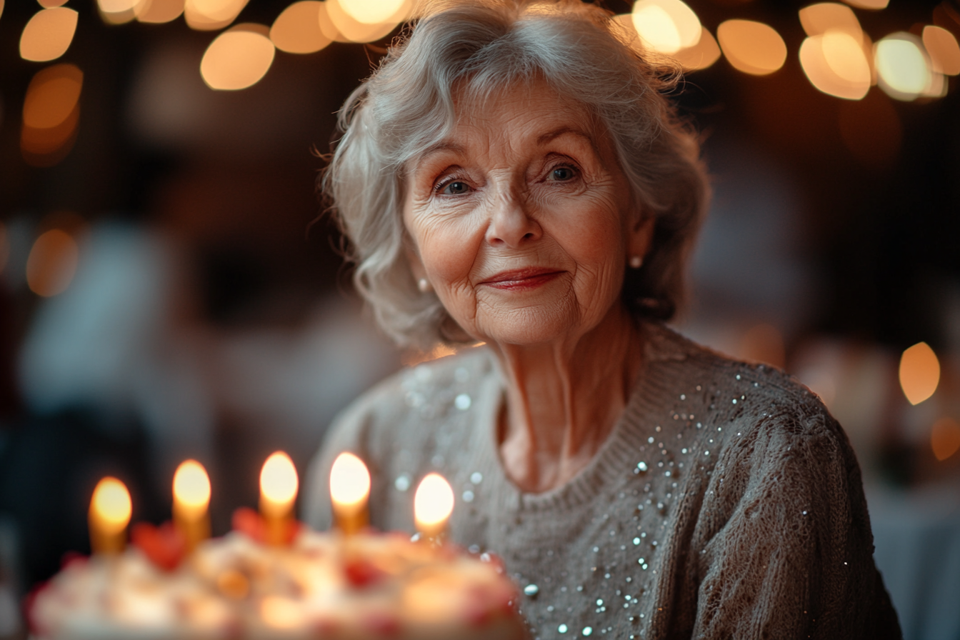 Une dame âgée souriante près d'un gâteau d'anniversaire orné de bougies | Source : Midjourney