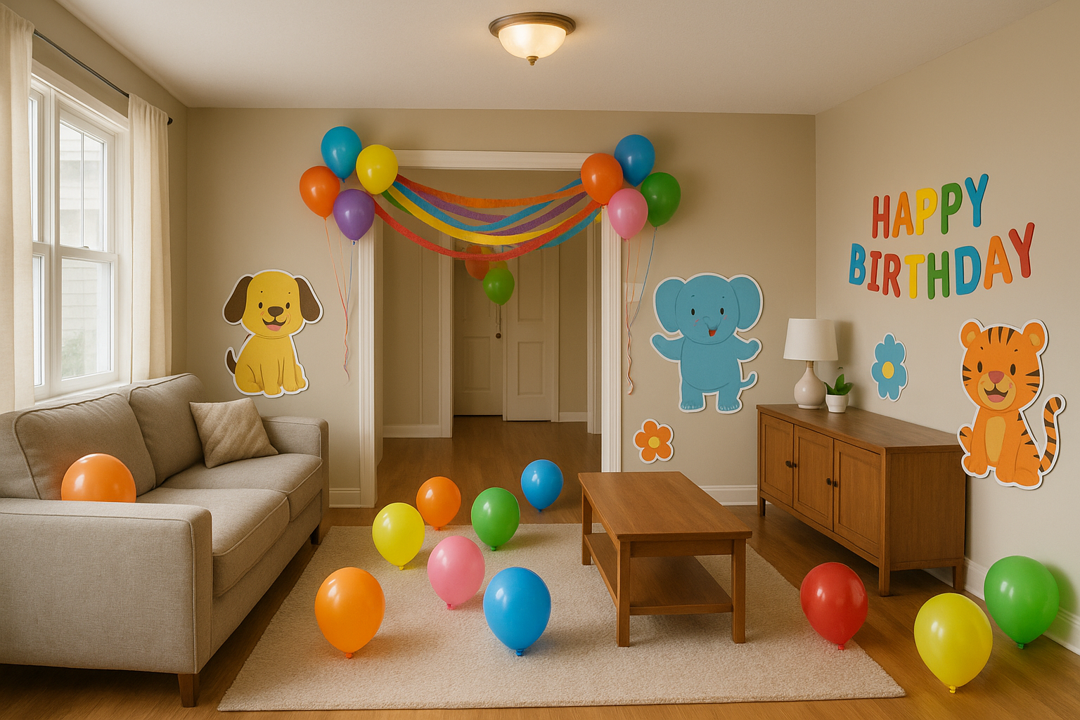 Un salon décoré pour l'anniversaire d'un enfant | Source : DALL-E