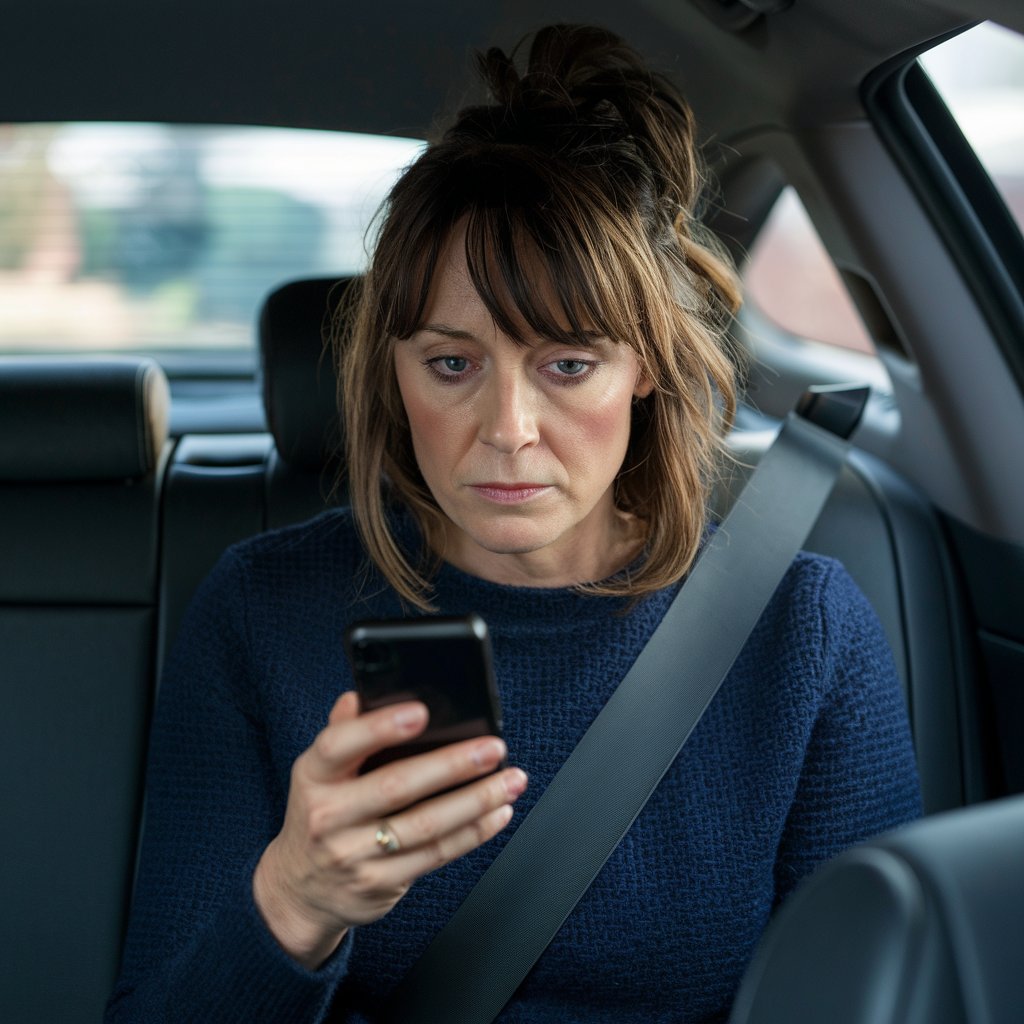 Une femme sur la banquette arrière d'un véhicule, regardant son téléphone portable | Source : Midjourney