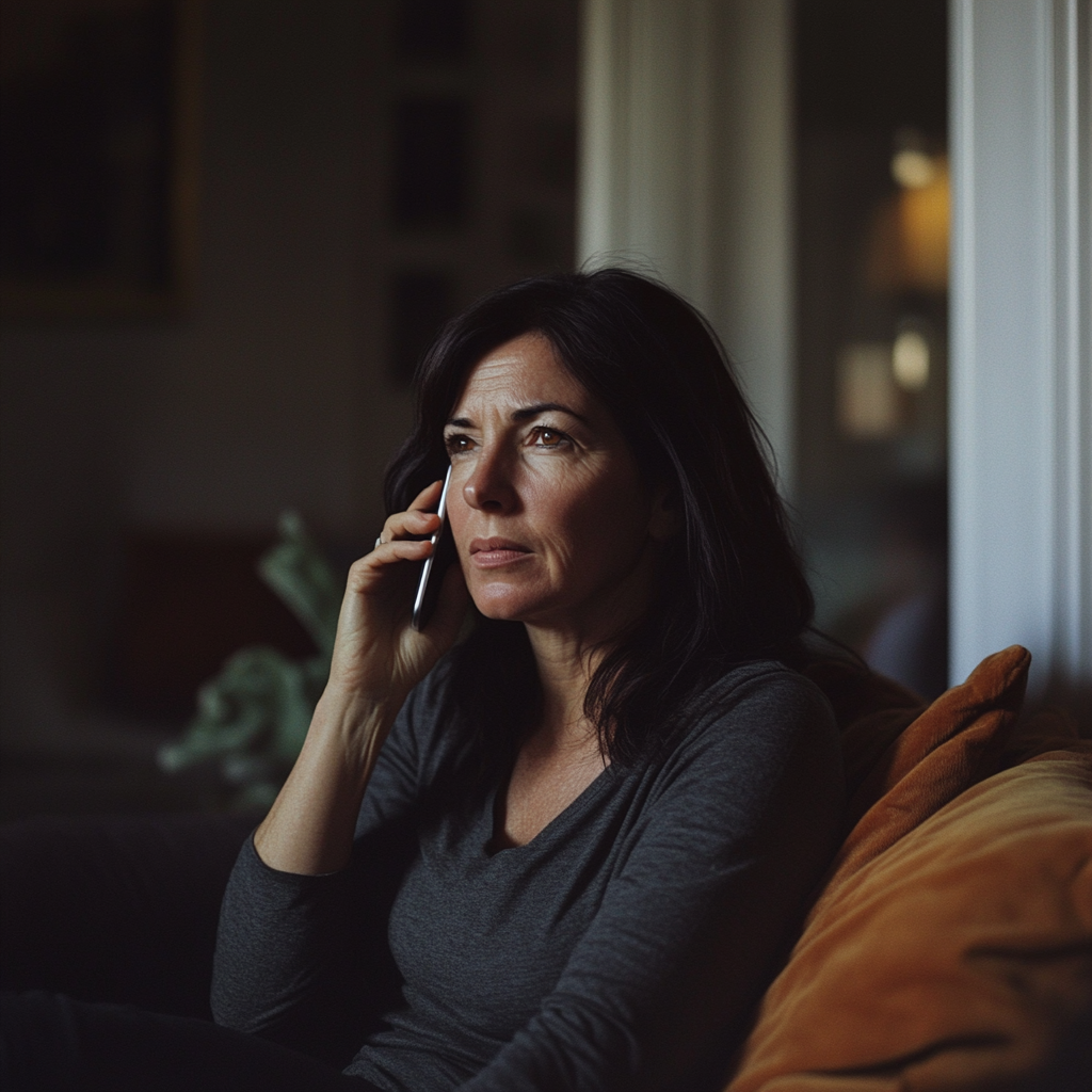 Une femme sérieuse qui parle au téléphone | Source : Midjourney