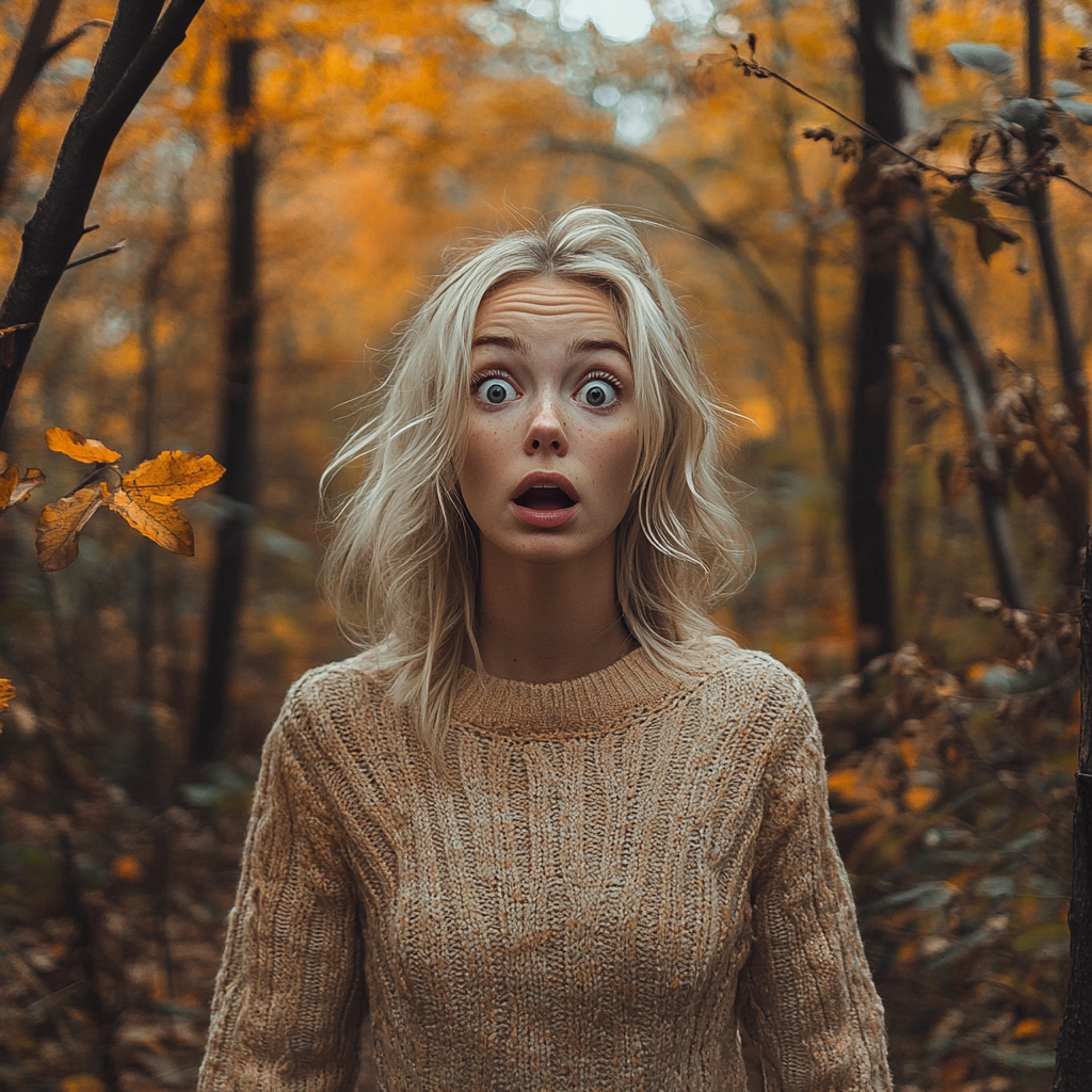 Une femme choquée dans les bois | Source : Midjourney