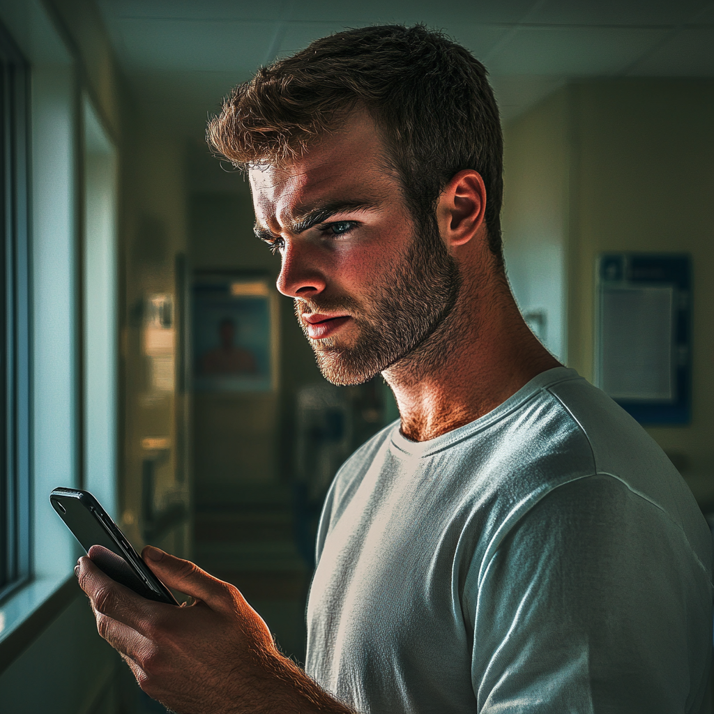 Un homme anxieux tenant un téléphone dans un hôpital | Source : Midjourney