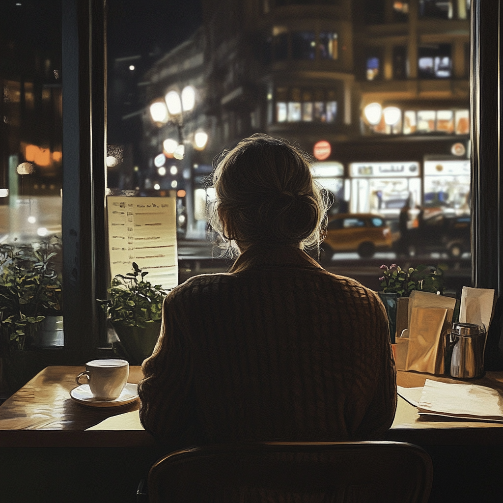 Une femme assise dans un café la nuit | Source : Midjourney