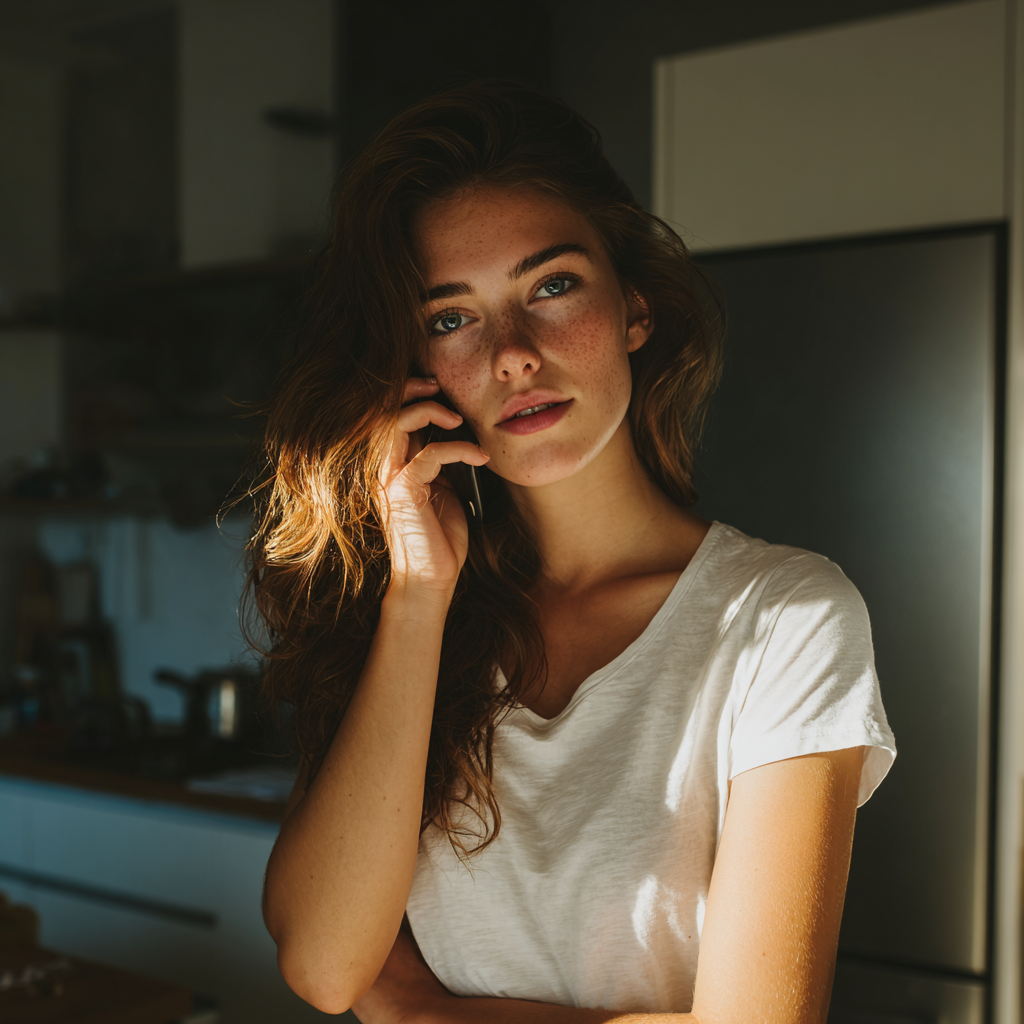 Une femme debout dans une cuisine et parlant au téléphone | Source : Midjourney