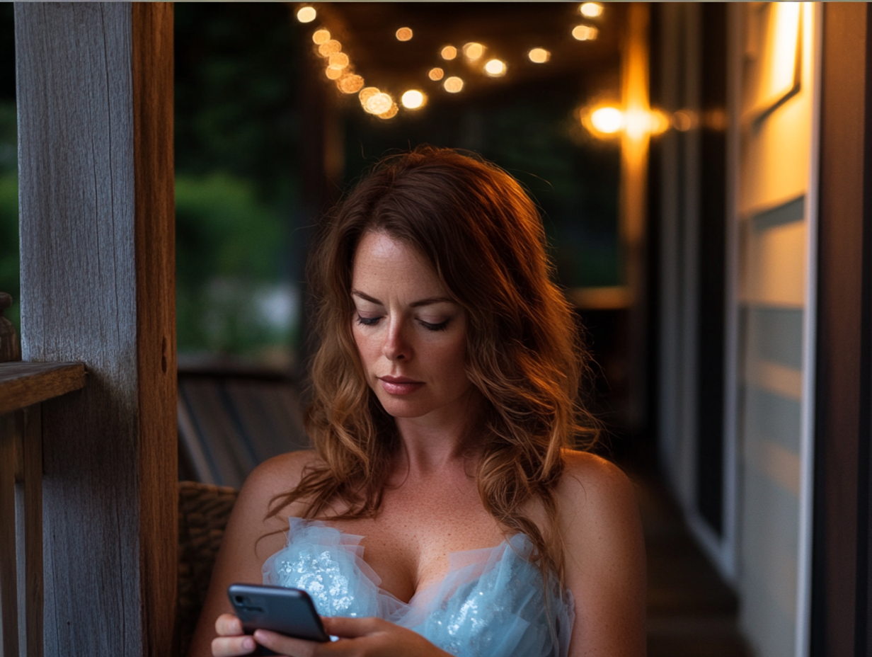 Une femme assise sous un porche et utilisant son téléphone portable | Source : Midjourney