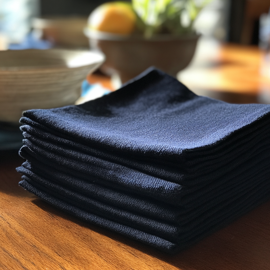 Serviettes de table marines pliées sur une table | Source : Midjourney