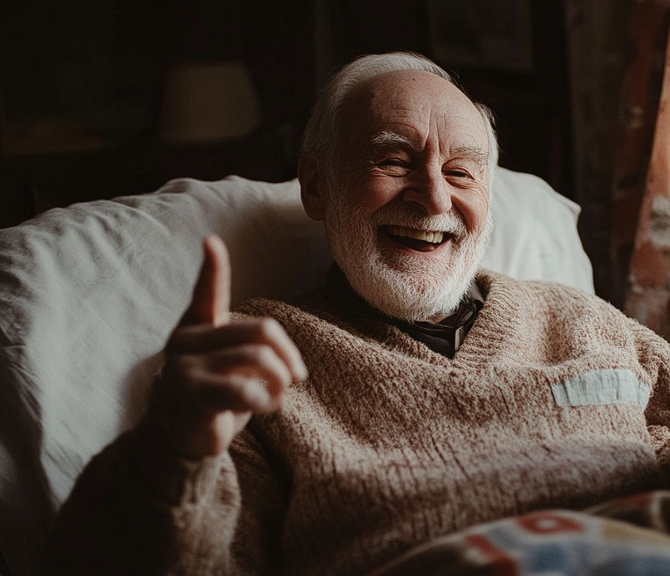 Un homme âgé souriant montrant quelqu'un du doigt | Source : Midjourney