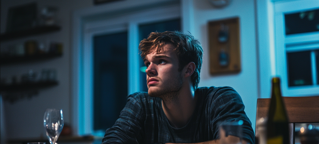 Un homme émotif assis à une table de dîner | Source : Midjourney