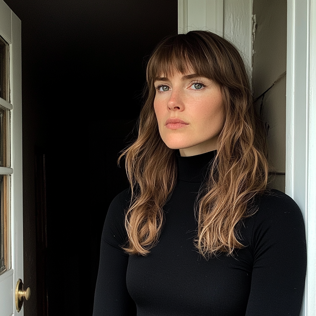 A woman standing in front of a front door | Source: Midjourney