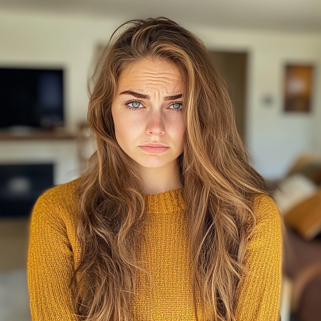 Une femme qui fronce les sourcils, debout dans un salon | Source : Midjourney