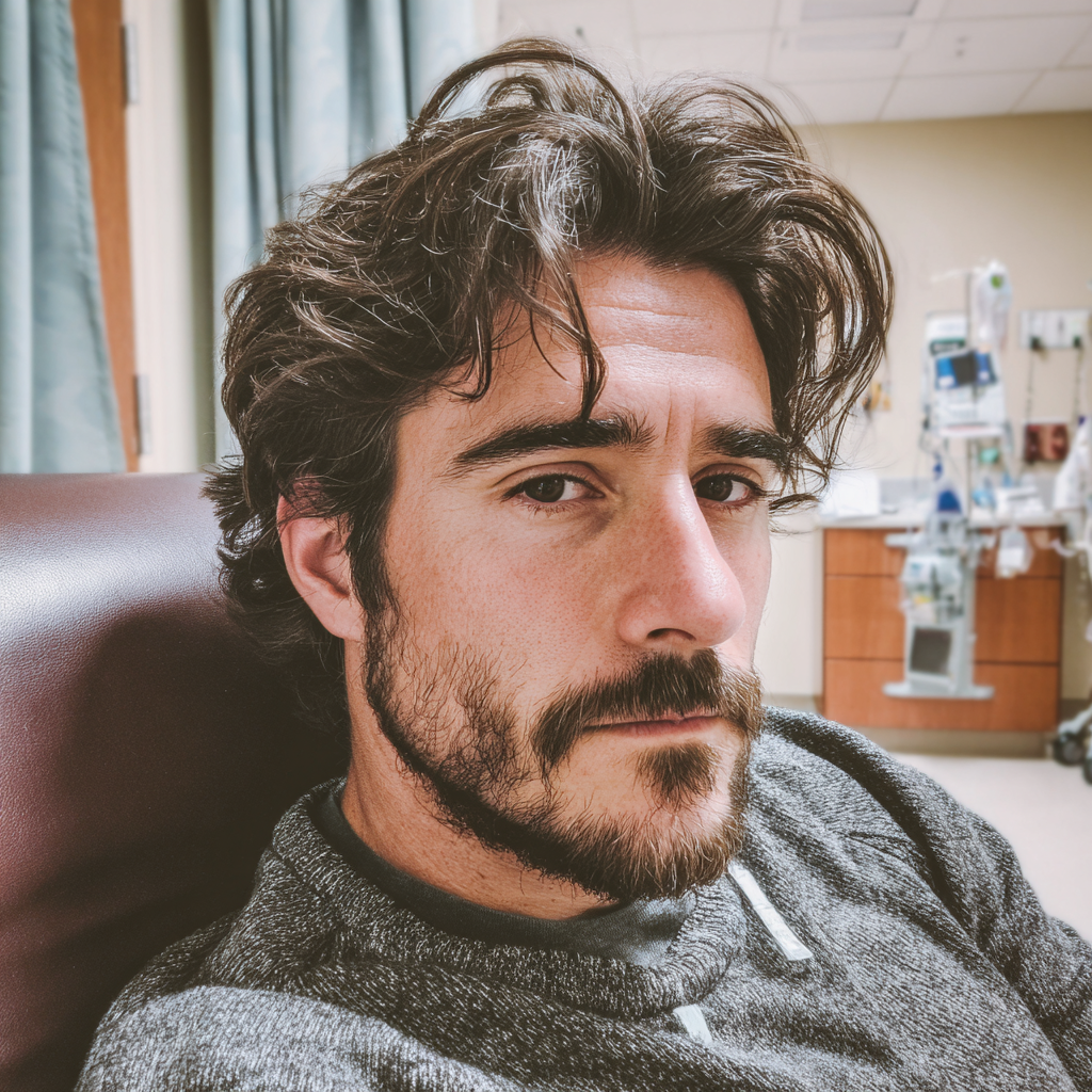 Un homme inquiet assis dans une salle d'hôpital | Source : Midjourney