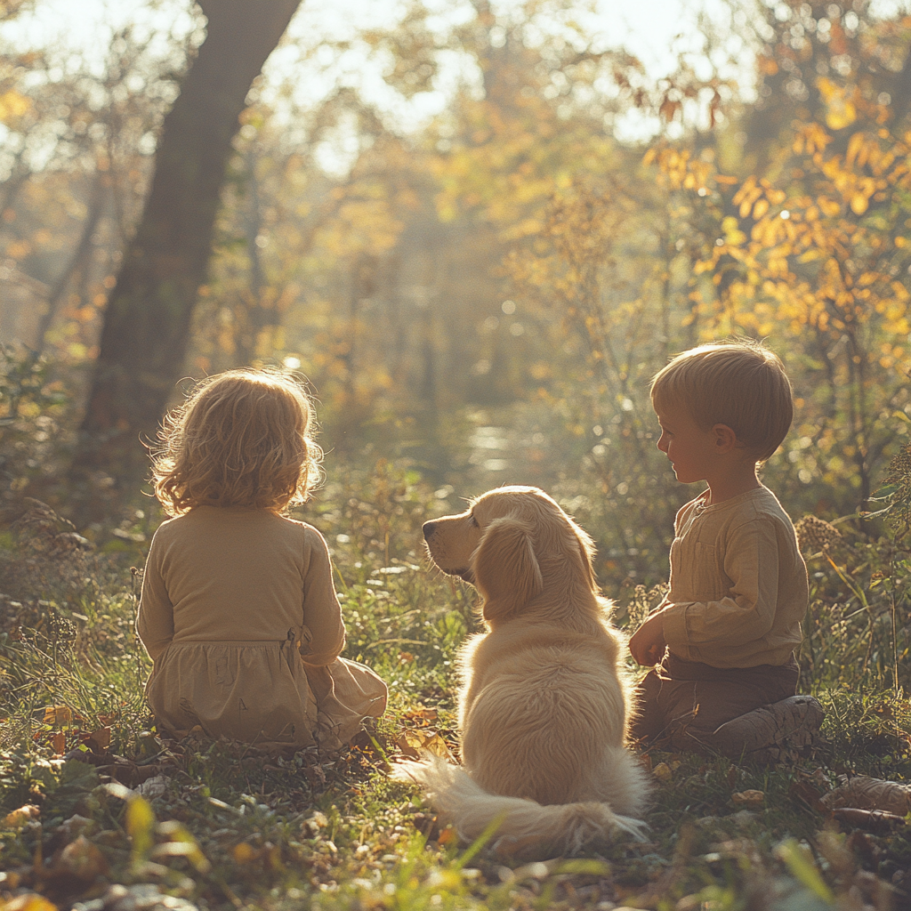 Deux enfants jouant avec leur chien | Source : Midjourney