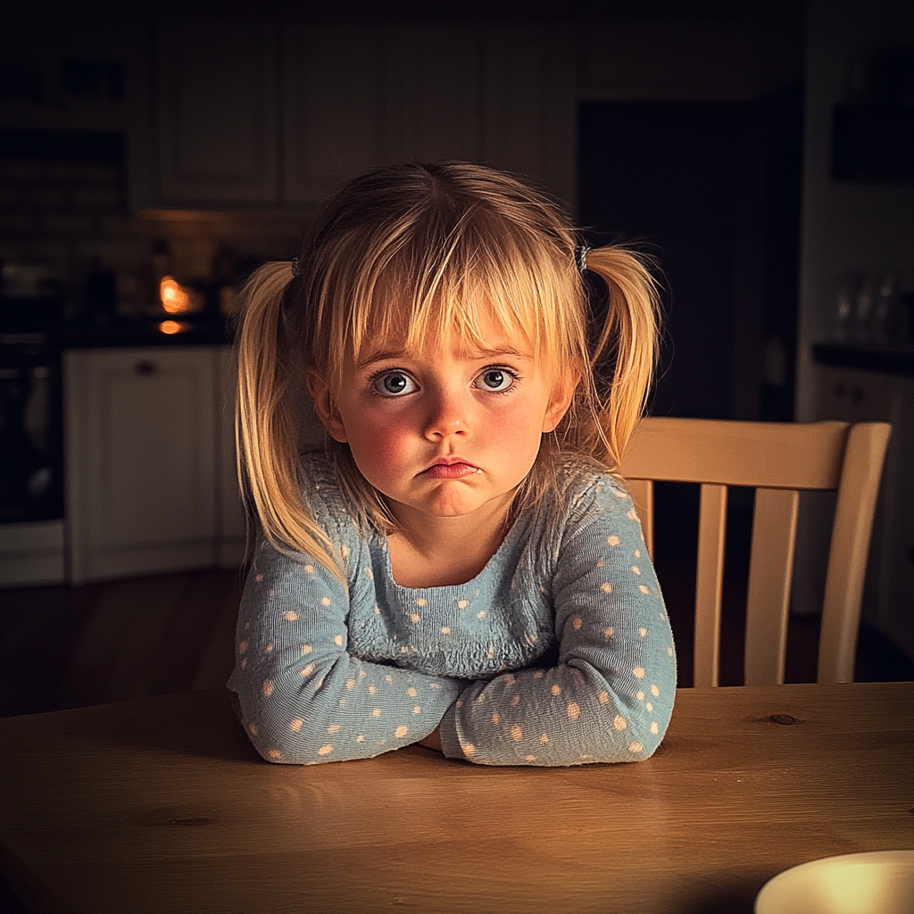 Une petite fille assise à une table | Source : Midjourney