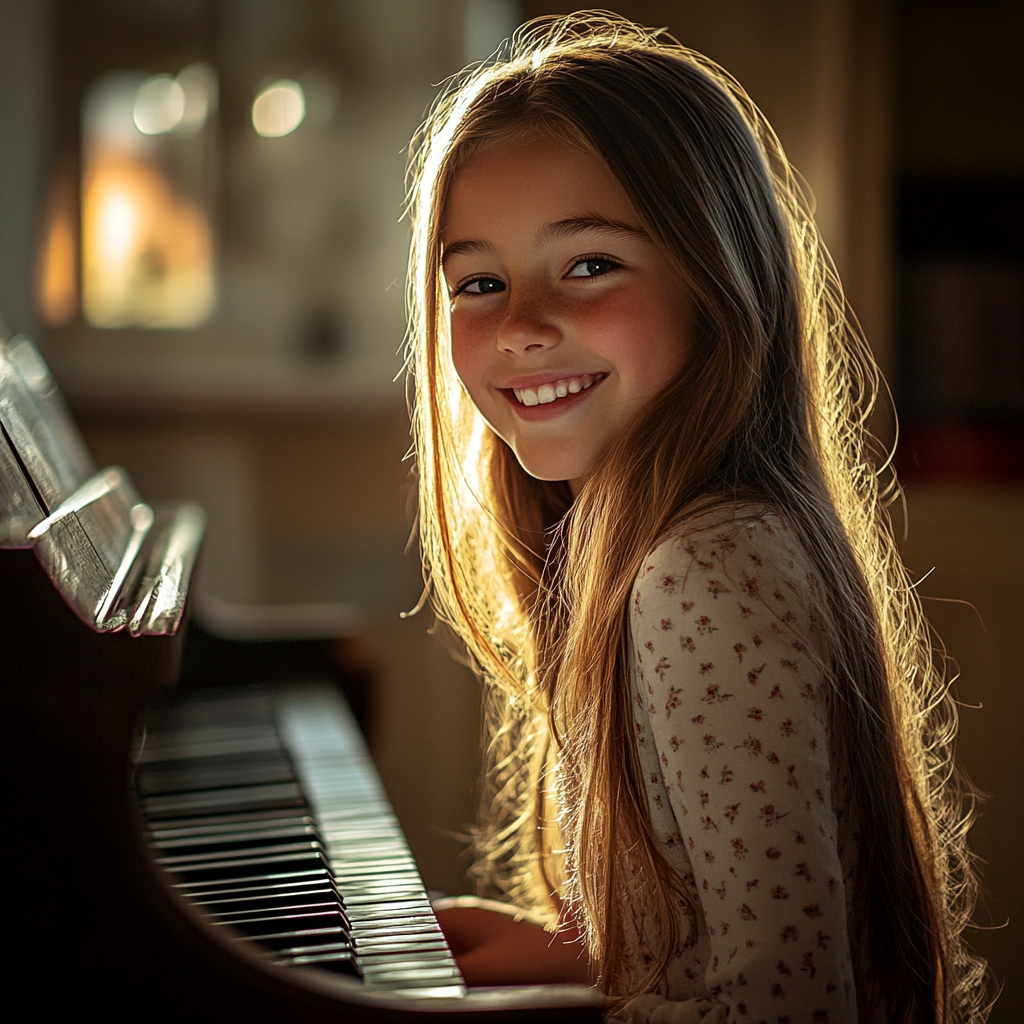 Une fille heureuse assise à son piano | Source : Midjourney