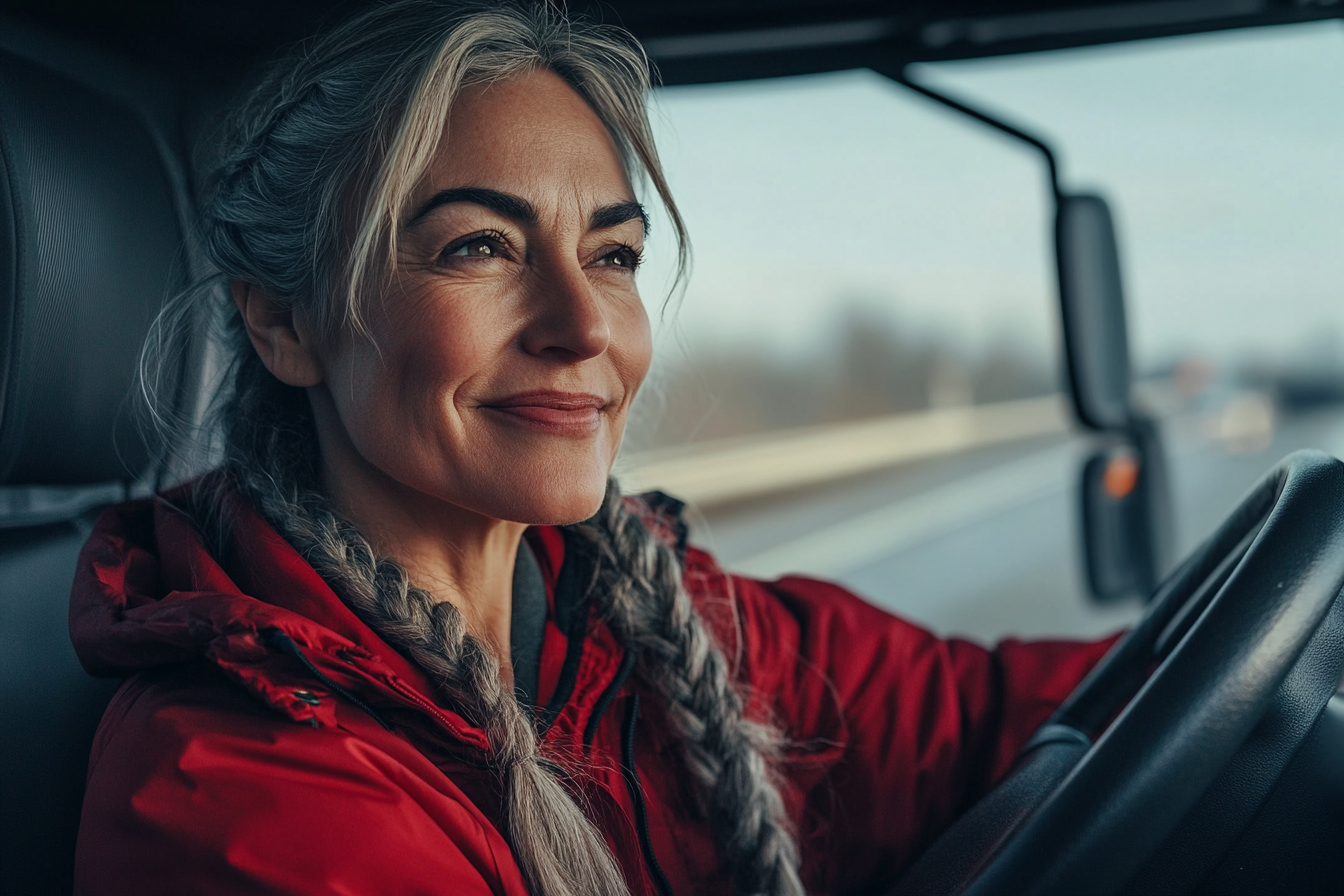 Femme d'une quarantaine d'années avec une veste rouge et un sourire conduisant un gros camion | Source : Midjourney