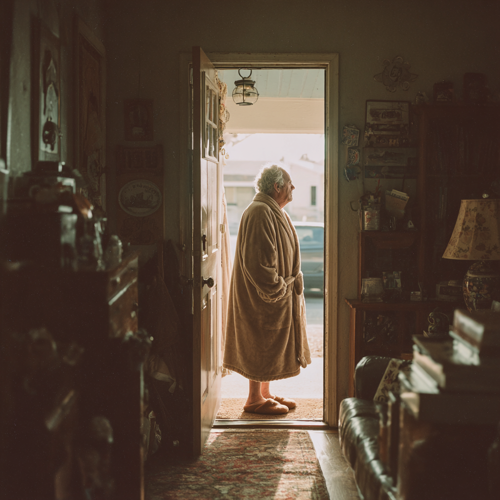 Un homme frêle qui ouvre la porte | Source : Midjourney