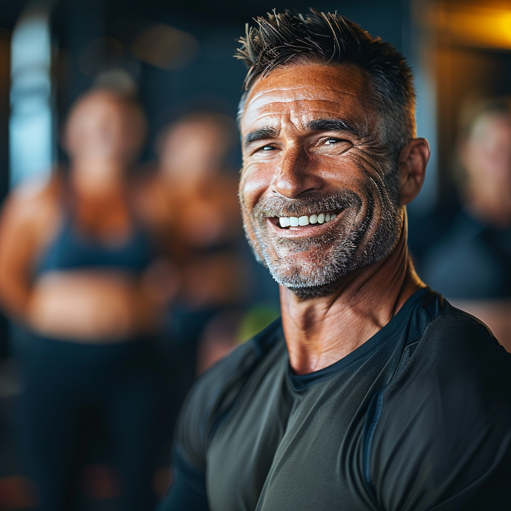 Un homme souriant alors qu'un groupe de femmes en tenue d'entraînement de fitness se tient derrière lui | Source : Midjourney