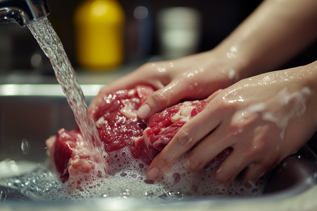 Une femme qui rince de la viande dans l'évier de la cuisine | Source : Midjourney