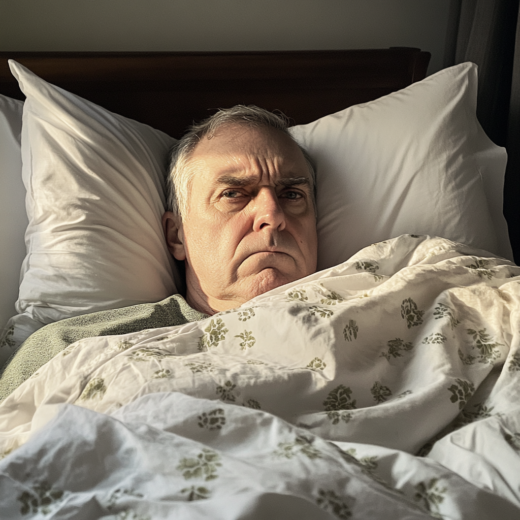 Un homme grincheux dans son lit | Source : Midjourney