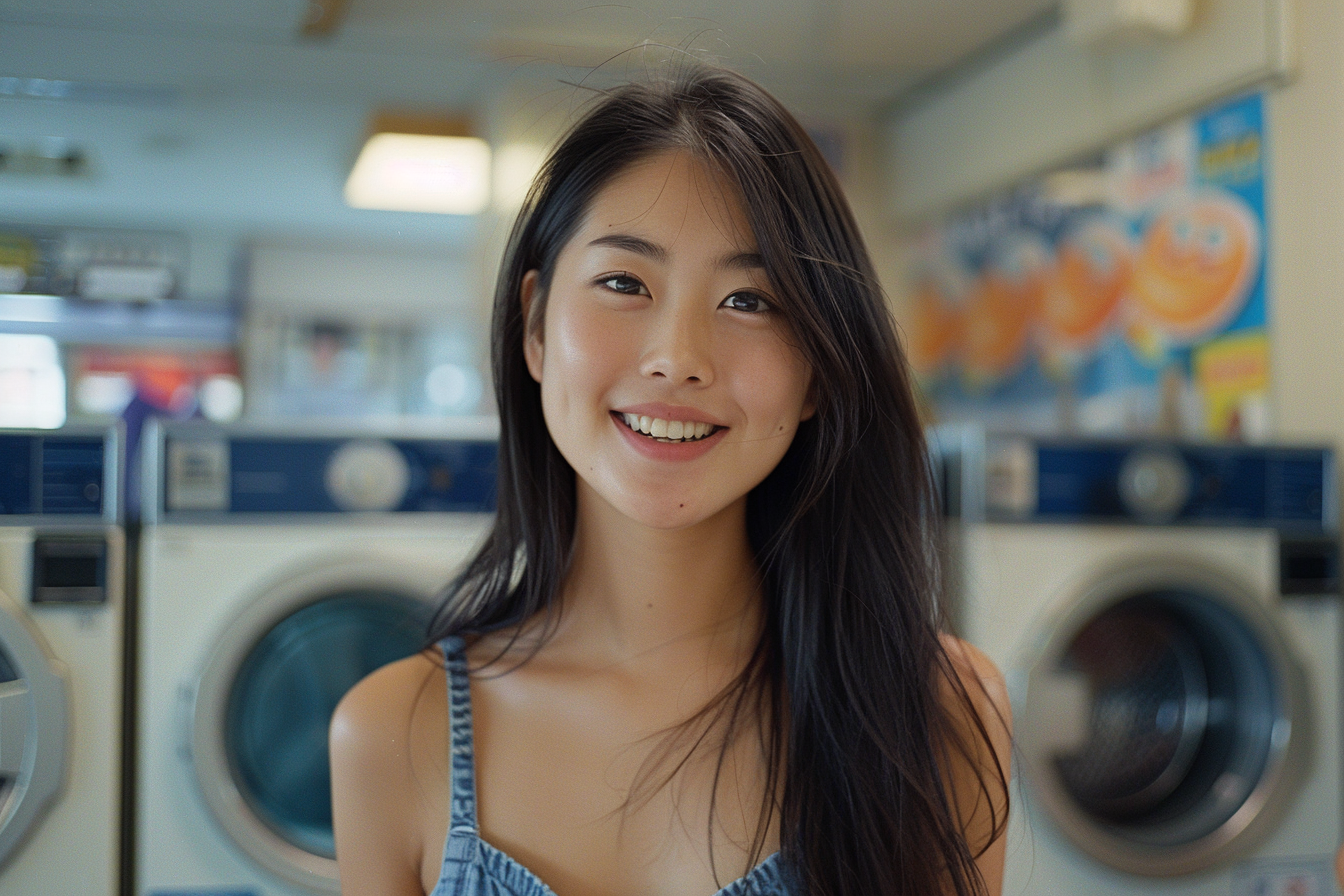 Femme souriant dans une laverie automatique | Source : Midjourney