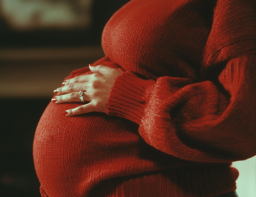 Cropped close-up of a several-months-pregnant woman holding her stomach | Source: Midjourney