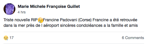 Capture d'écran de la publication sur Facebook qui a confirmé que le corps trouvé était celui de Francine Padovani. | Facebook/Fugues, Disparitions, Enlèvements
