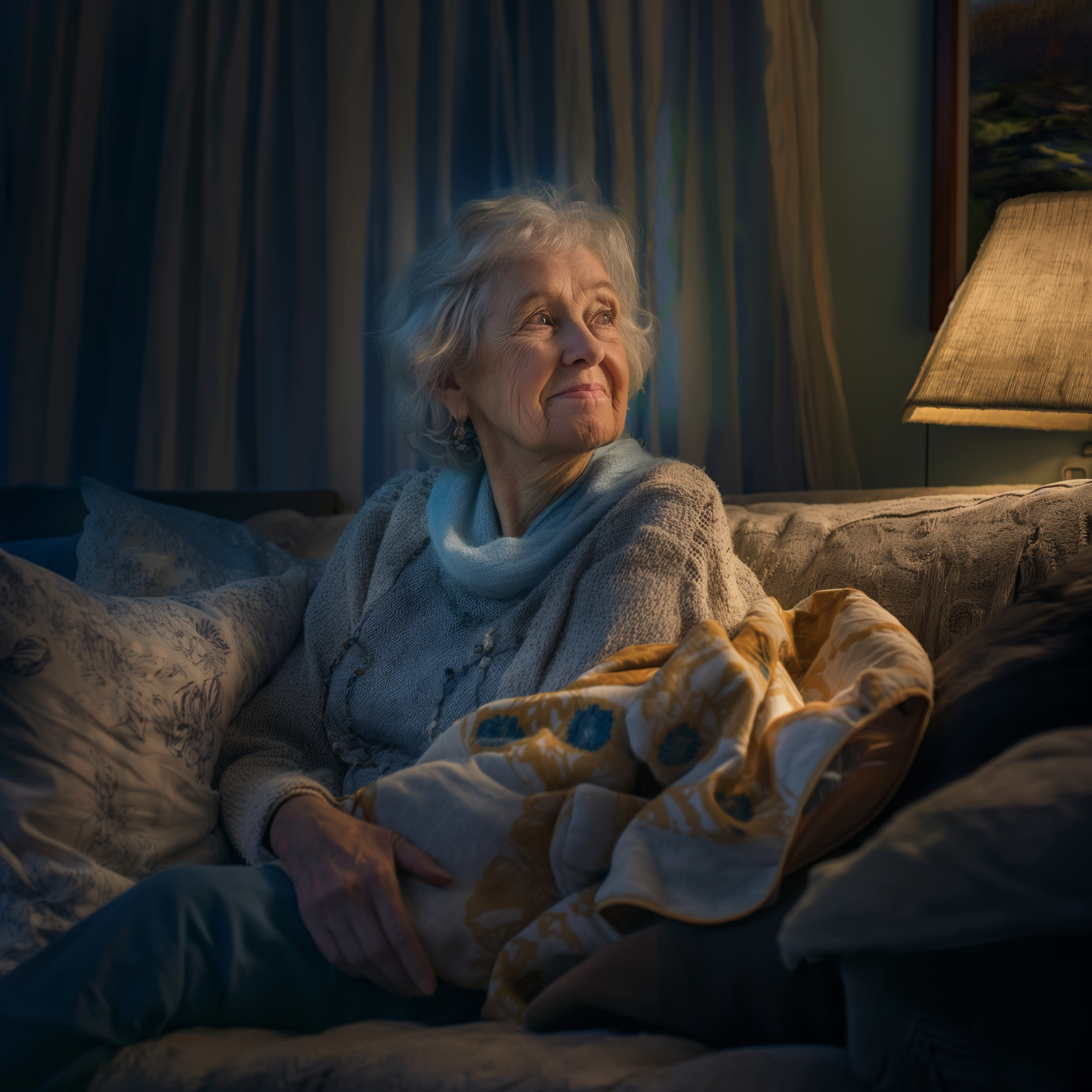 Une grand-mère sourit alors qu'elle est assise sur un canapé la nuit | Source : Midjourney