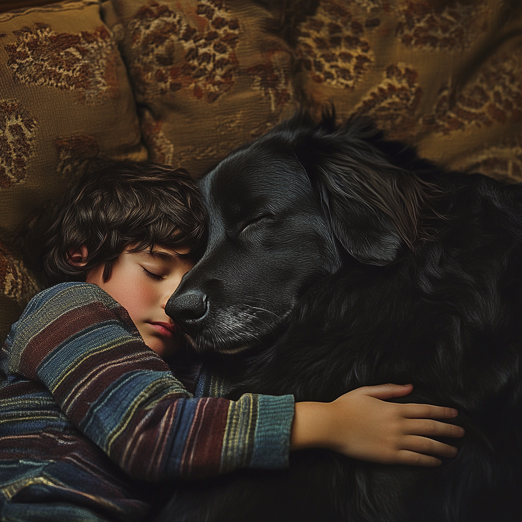 Un garçon qui fait un câlin à son chien | Source : Midjourney