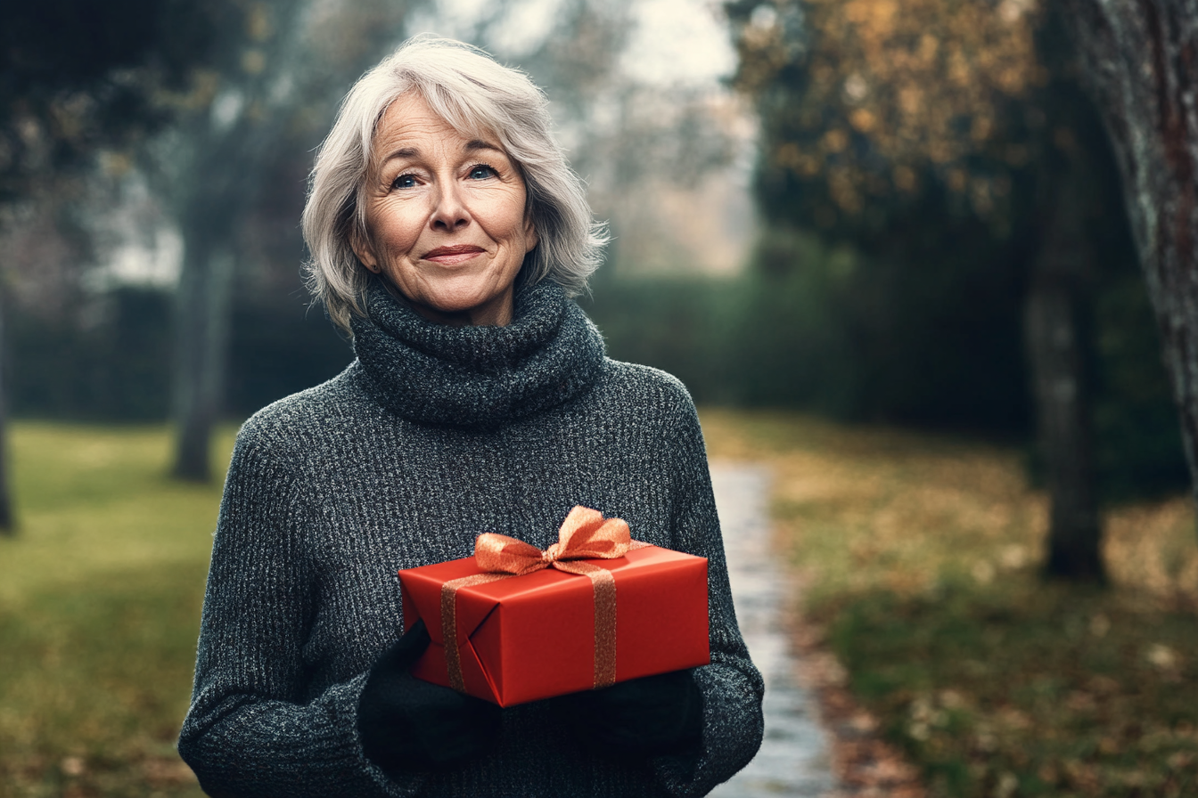 A woman holding a red box smiles uncertainly | Source: Midjourney