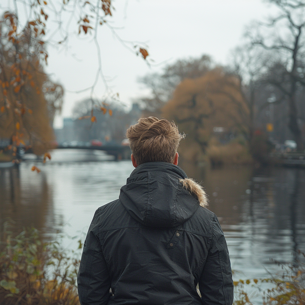 Vue arrière d'un homme regardant une rivière et admirant la vue | Source : Midjourney