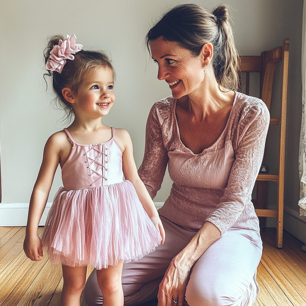 Une femme agenouillée devant sa fille | Source : Midjourney