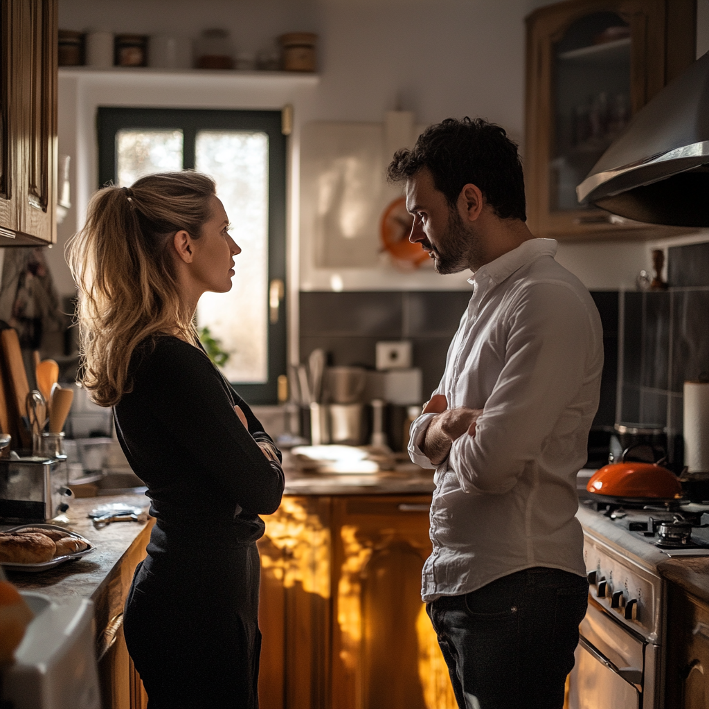 Femme affrontant un homme dans la cuisine | Source : Midjourney