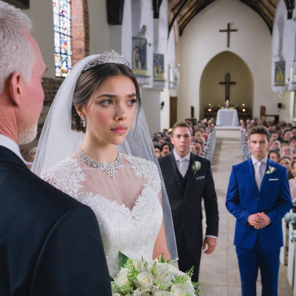 Kaia prend sa décision tandis que le marié et le témoin attendent en arrière-plan | Source : Midjourney