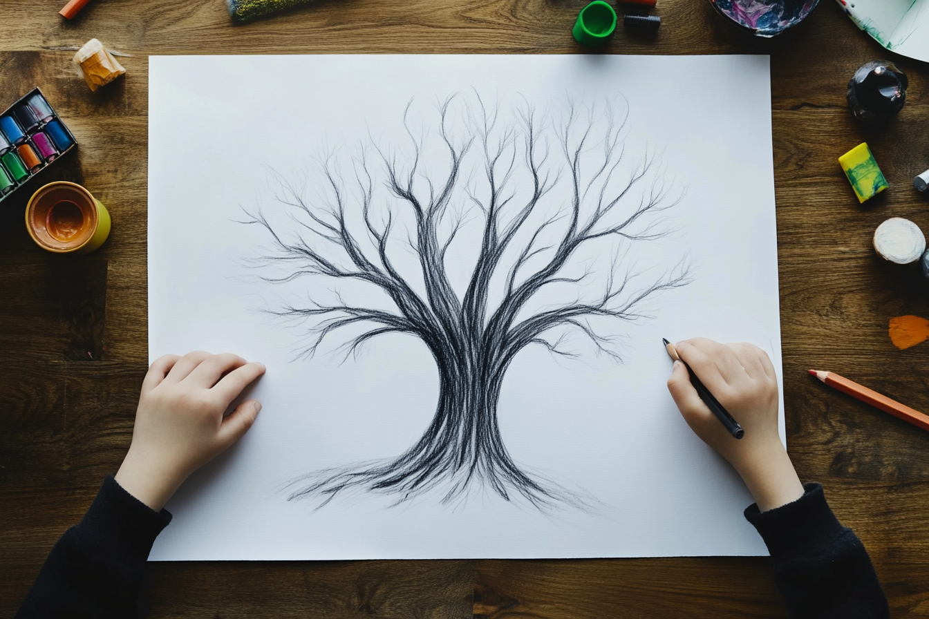 Un croquis d'un arbre avec beaucoup de branches | Source : Midjourney