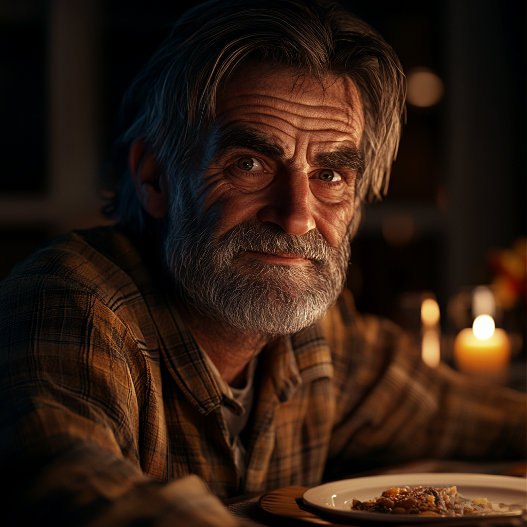 Un homme âgé souriant assis à une table à manger | Source : Midjourney