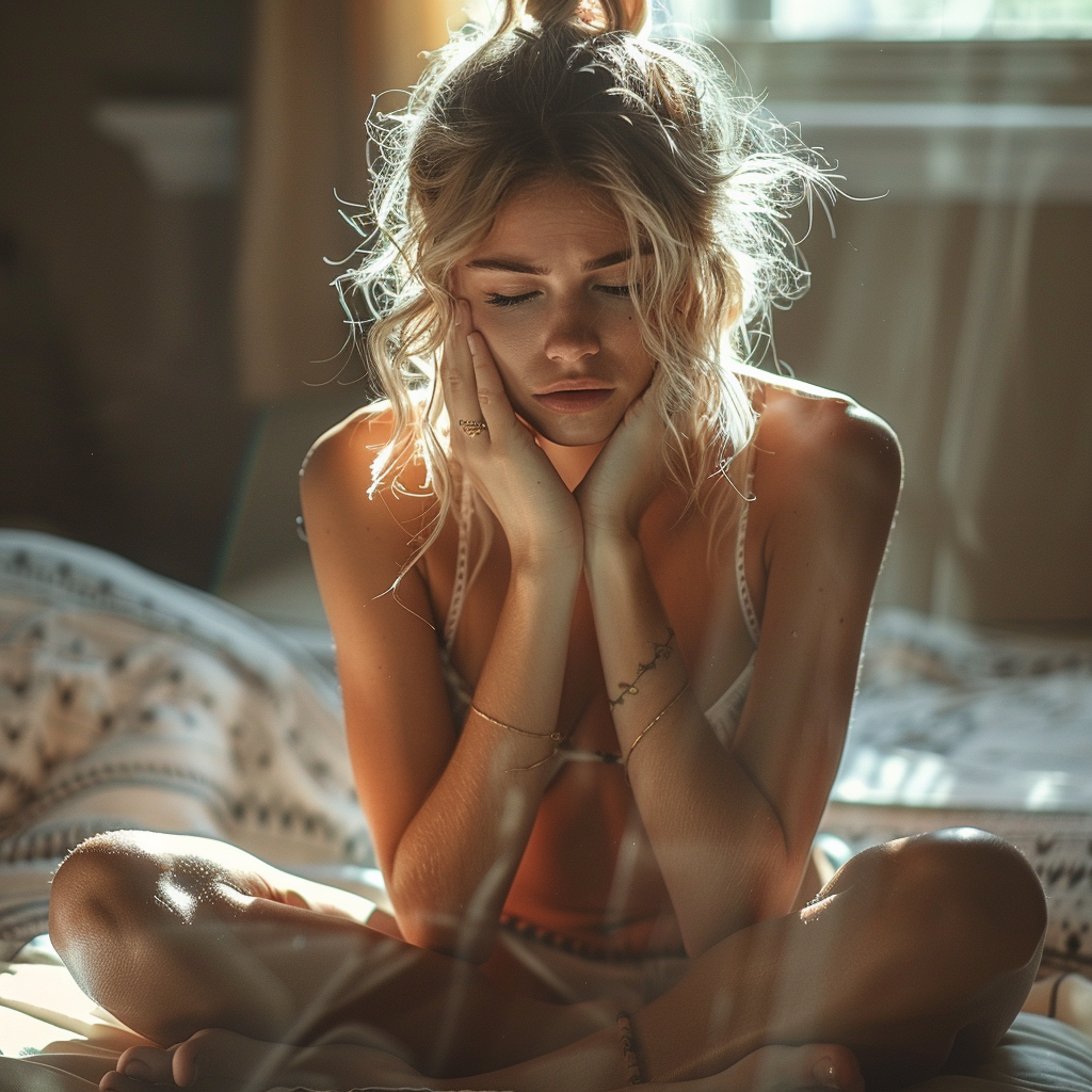 Jeune fille triste assise dans son lit, seule | Source : Midjourney