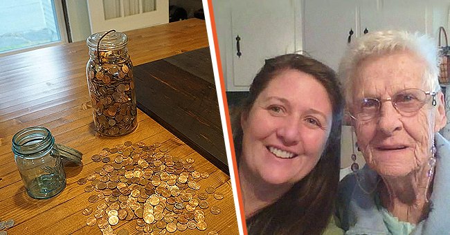 Une photo de deux bocaux de pièces de monnaie [à gauche] et de Michelle Gordon McDougal et sa mamie [à droite] | Photo : facebook.com/MichelleGordonMcDougal