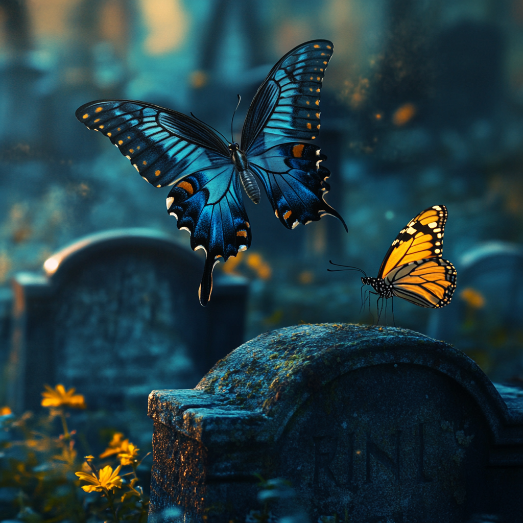 Deux papillons dans un cimetière | Source : Midjourney