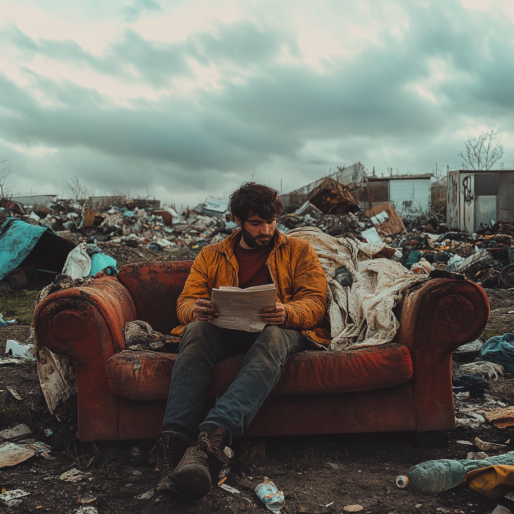 Un homme assis sur un vieux canapé en train de lire un journal | Source : Midjourney