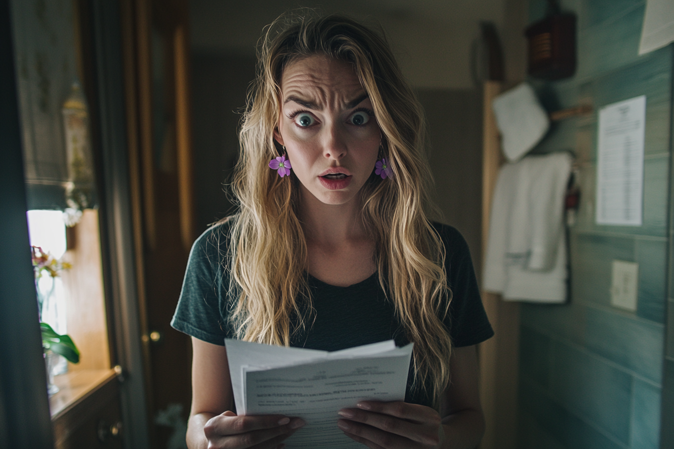 Une femme choquée tenant des papiers alors qu'elle se trouve dans une salle de bain | Source : Midjourney