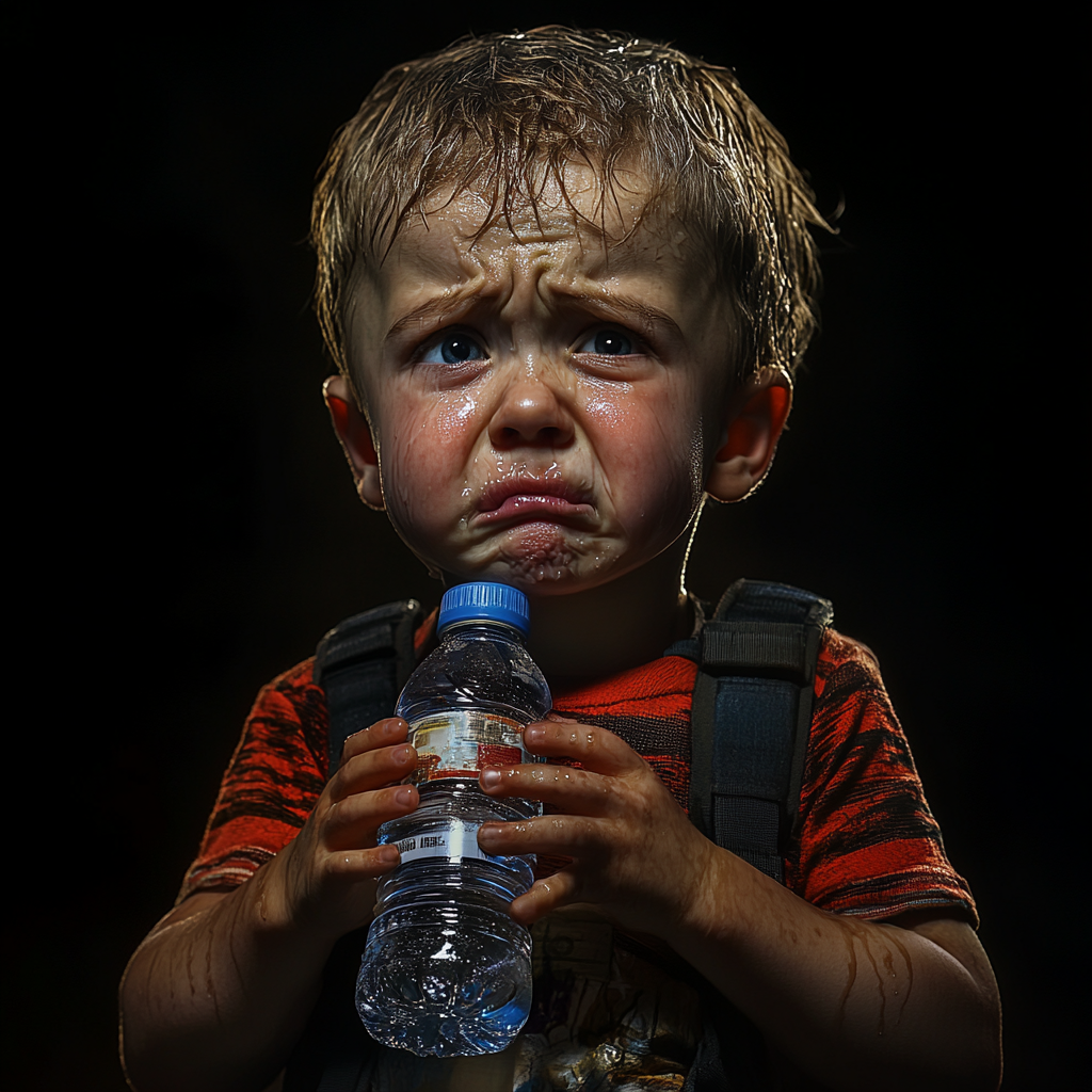 Un enfant qui pleure avec une bouteille d'eau | Source : Midjourney