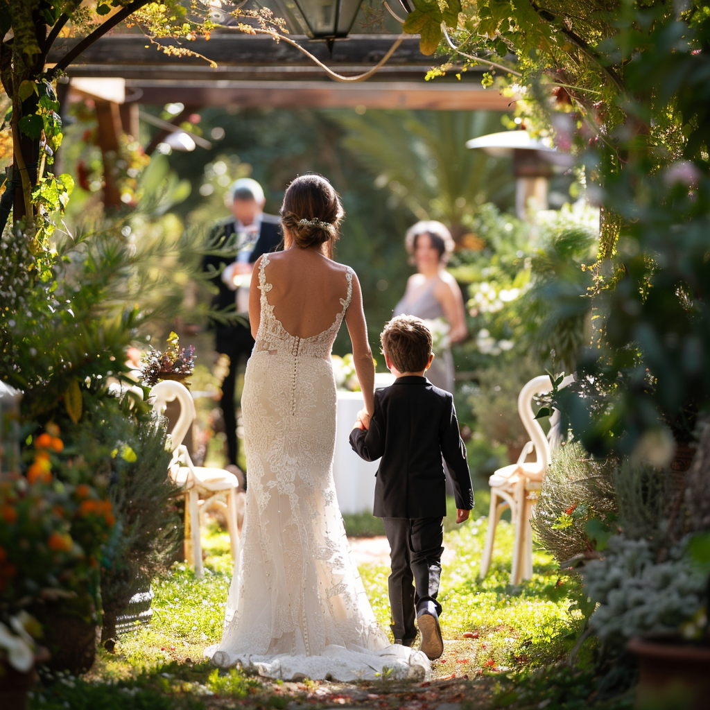 Une mariée descendant l'allée avec un petit garçon | Source : Midjourney