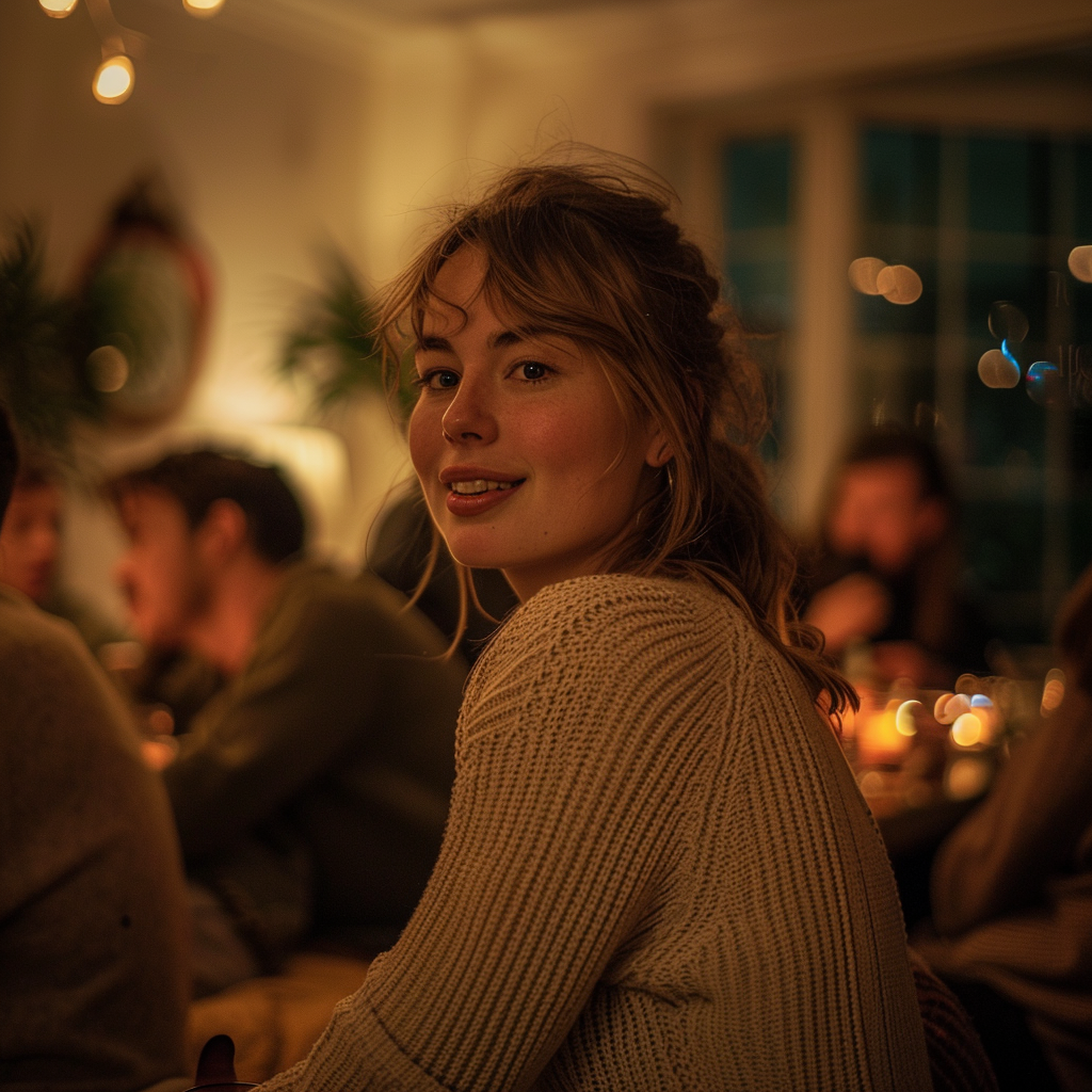 Une femme force le sourire lors d'une petite fête à la maison | Source : Midjourney